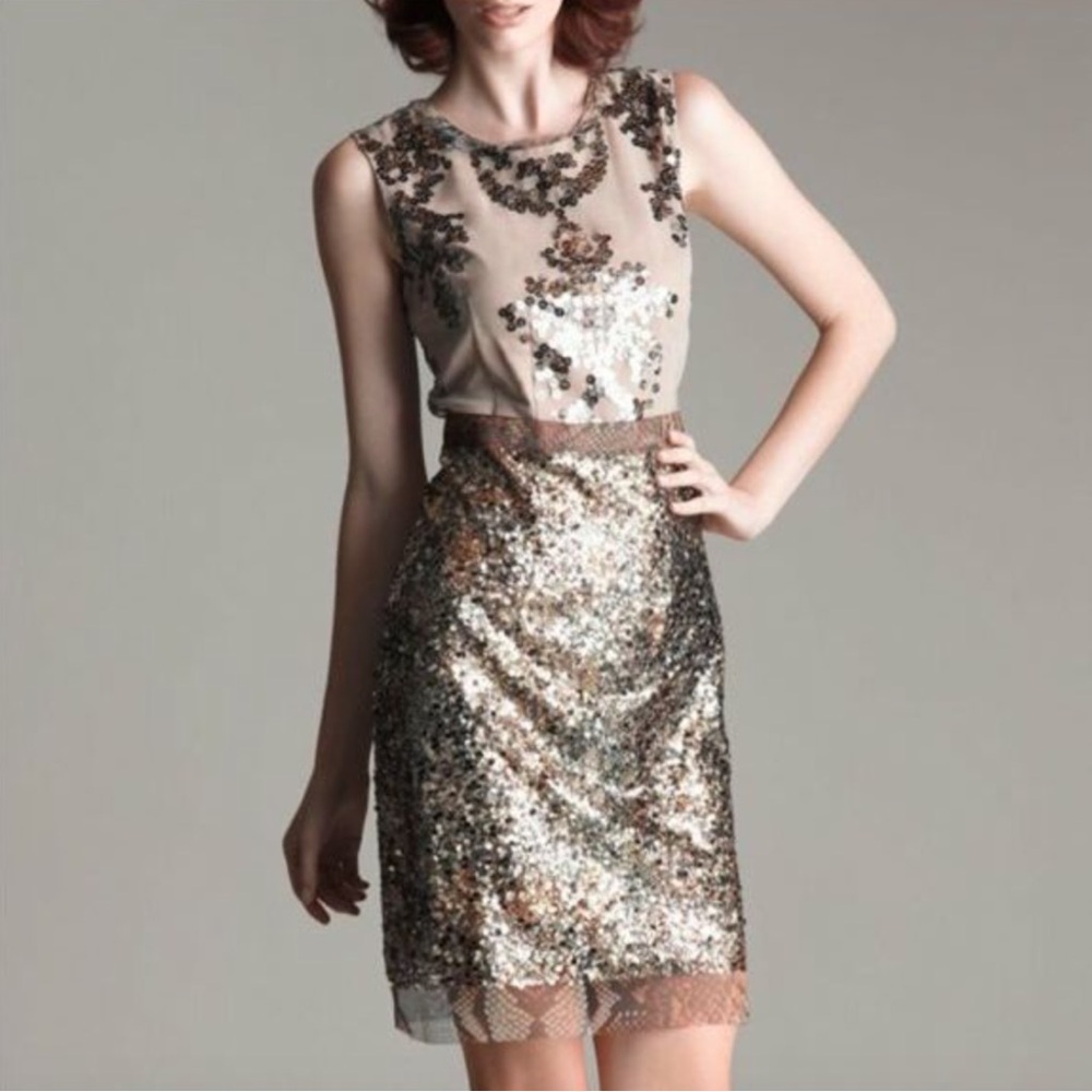 Elie Tahari Isla Dress Gold Sequin Snakeskin Mesh Sheath Cocktail Size 6 Evening